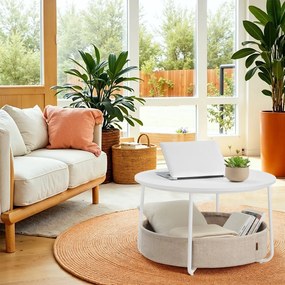 Mesa de centro 75 cm de diâmetro com cesto em tecido branco mate e castanho-camel