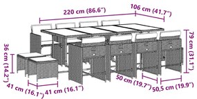 13 pcs conj. jantar jardim c/ almofadões vime PE cinzento-claro