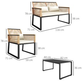 Conjunto de Jardim 4 Peças de Vime Sintético com 2 Cadeiras 1 Sofá de 2 Lugares e Mesa de Centro Madeira e Creme