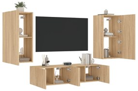 vidaXL 4pcs móveis parede p/ TV c/ LEDs deriv. madeira carvalho sonoma