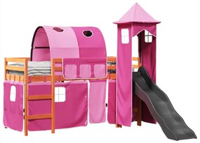 Cama alta para criança com torre 90x190 cm pinho maciço rosa