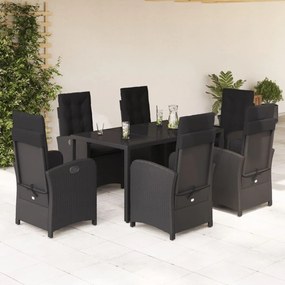 7 pcs conjunto de jantar p/ jardim c/ almofadões vime PE preto