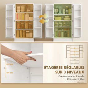 Armário alto de cozinha 60 x 40 x 159 cm com2 portas, 8 suportes para especiarias, 2 gavetas, prateleiras ajustáveis, , branco