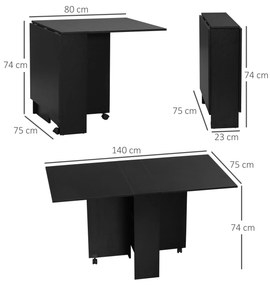 Mesa de Cozinha Dobrável com 2 Prateleiras de Armazenamento e Laterais Dobráveis 75x140x74 cm Preto