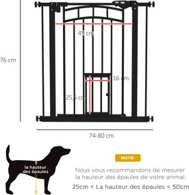Barreira de segurança para animais com fecho automático, sem necessidade de perfuração, de 74 a 80 cm, em aço preto