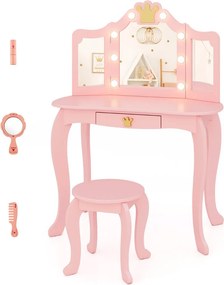 Conjunto de Toucador e armário para joias para meninas com espelho dobrável LED e espelho de corpo inteiro Rosa