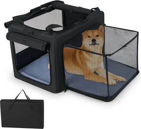 Saco de transporte dobrável e portátil Tamanho M - 90 x 76 x 48 cm para animais de estimação com 2 aberturas e janela Tapete macio Preto