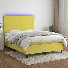 vidaXL Cama box spring c/ colchão e LED 140x190 cm tecido verde