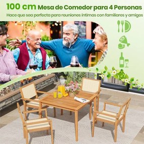 Mesa de jantar jardim exterior para 4 pessoas quadrada 100 cm com orifício para guarda-sol de 5 cm Natural
