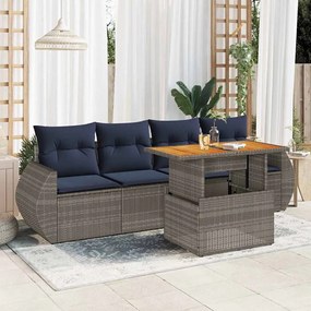 5 pcs conjunto sofás de jardim c/ almofadões vime PE cinzento
