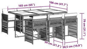 7 pcs conjunto de jantar p/ jardim c/ almofadões vime PE cinza