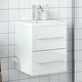 Armário de casa de banho c/ lavatório embutido branco brilhante