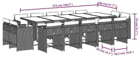 15 pcs conjunto de jantar p/jardim com almofadões vime PE preto