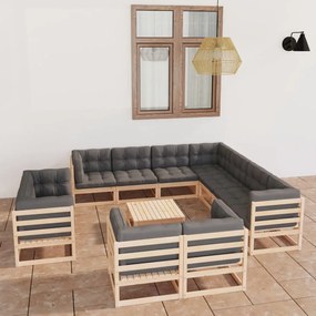 vidaXL 12 pcs conjunto lounge de jardim com almofadões pinho maciço