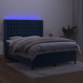 Cama box spring c/ colchão/LED 140x200 cm veludo azul-escuro