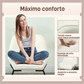 Poltrona Sala de Estar Moderna Poltrona de Leitura com Assento Largo e Acolchoado Estofada em Veludo Pés de Metal 70x67,5x87 cm Creme