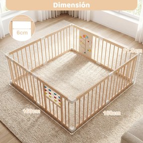 Parque infantil Bebe Madeira 160 x 160 x 61,5 cm com brinquedos Montessori, porta bidirecional, fecho de segurança e forma ajustável, natural