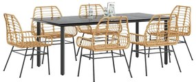 vidaXL Conjunto jantar jardim 7 peças vidro vime PE castanho