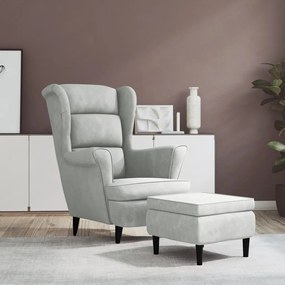 Cadeira com apoio de braços e banco veludo cinzento-claro