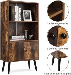Estante Retro com Armário Industrial e Estante de 2 Níveis para Livros 60 x 30 x 120 cm Castanho
