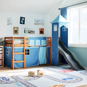 vidaXL Cama alta para criança com torre 90x190 cm pinho maciço azul