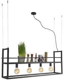 Candeeiro de suspensão industrial preto com prateleira grande 4 luzes - Cage Rack Industrial