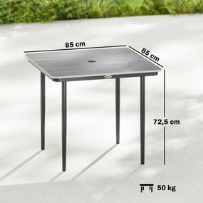 Mesa de jardim retangular para 4 pessoas 85 x 85 x 72,5 cm,, mesa de jantar de exterior com orifício para guarda-sol, cinzenta