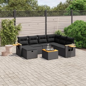 8 pcs conjunto sofás de jardim com almofadões vime PE preto