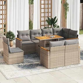 9 pcs conjunto sofás jardim com almofadões vime PE/acácia bege