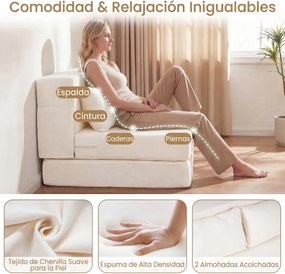 Sofá-cama futon dobrável grande 3 em 1 com 2 almofadas, tecido de chenille , para sala, quarto ou escritório Bege