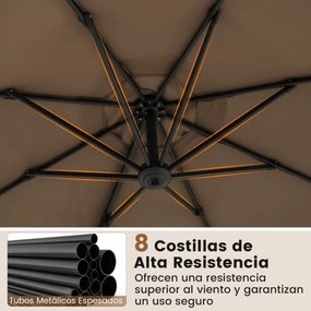 Guarda-sol redondo jardim 294 x 247 cm Guarda-sol suspenso com rotação de 360° Base cruzada 5 inclinações ajustáveis Castanho