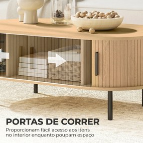 Mesa de Centro com Portas Deslizantes Mesa de Café Oval com Armazenamento Oculto 100x55x40 cm Natural