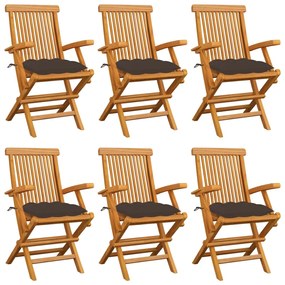 vidaXL Cadeiras de jardim c/ almofadões cinza-acast. 6 pcs teca maciça