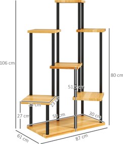 Suporte para plantas com 7 níveis para interior e exterior, prateleira para plantas em aço e madeira, madeira natural