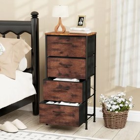 Cómoda com 4 gavetas em tecido com tampa de madeira 45 x 30 x 95 cm Puxadores fáceis de abrir e estrutura metálica Castanho Rústico + Preto