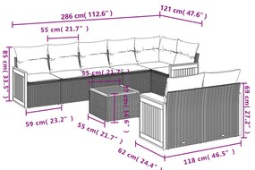 9 pcs conjunto de sofás p/ jardim c/ almofadões vime PE preto