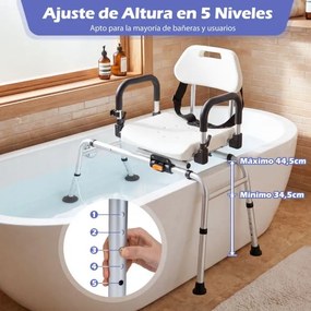 Cadeira de banho giratória para idosos com encosto e altura ajustável em 5 níveis, apoios de braços e banco de apoio para pessoas com mobilidade reduz