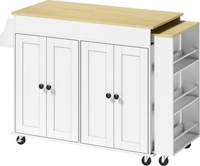 HOMCOM Ilha de Cozinha com Rodas Tampo Extensível Carrinho de Cozinha com 4 Portas Prateleiras Ajustáveis Branco | Aosom Portugal