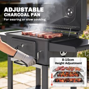 Grelhador de Carvão com Bandeja e Ventilação Ajustável Prateleiras Laterais Rodas Termómetro Tampa e Porta