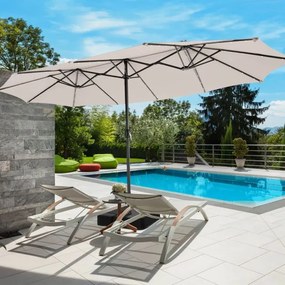 Conjunto de guarda-sol dupla face de 470 cm com 48 luzes LED solares e base recheável de 80 kg, com sistema de manivela, para jardim e piscina Bege