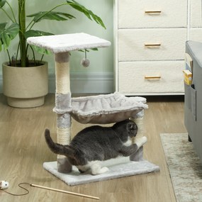 Arranhador para gatos com 3 arranhadores de sisal natural, plataforma, rede e bola suspensa, 50 x 26 x 70 cm, cinzento