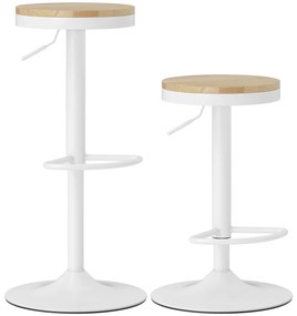 HOMCOM Conjunto de 2 Bancos de Bar Giratórios Bancos Altos de Cozinha com Altura Ajustável Assento em Madeira Estrutura em Aço e Descanso para Pés para Sala de Jantar Balcão 38,5x38,5x60-80 cm Madeira e Branco