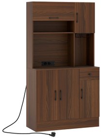 Armário para cozinha com 2 tomadas, 1 porta USB e 1 porta tipo C, gaveta e prateleiras ajustáveis 90 x 39 x 167 cm Cor Nogueira