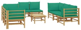 9 pcs conjunto lounge de jardim bambu c/ almofadões verdes