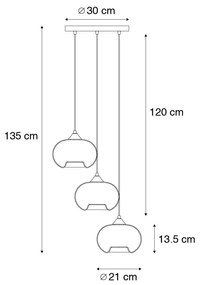 Candeeiro suspenso Art Déco preto 3 luzes vidro fumê - BUSA Art Deco