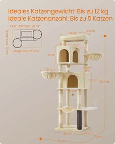 Arranhador para gatos com 190,7 cm de altura, 2 cavernas e 2 cavidades para descansar, cor areia bege