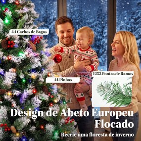 Árvore de Natal Nevada 210 cm com 400 LED 11 Modos Comando à Distância 1253 Pontas 44 Pinhas e 44 Bagas