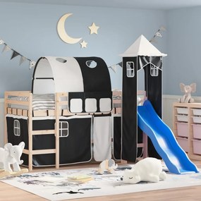 vidaXL Cama alta criança c/ torre 80x200 cm pinho maciço branco/preto