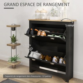 Sapateira com 2 portas basculantes 79 x 23 x 90,5 cm,, 2 compartimentos, puxadores em forma de concha em metal, preto e cor carvalho
