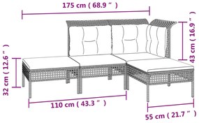 4 pcs conjunto lounge de jardim c/ almofadões vime PE cinzento